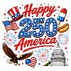 A vibrant vintage illustration of summer fireworks, an eagle, and the Capitol celebrating with the happy 250 america png design.