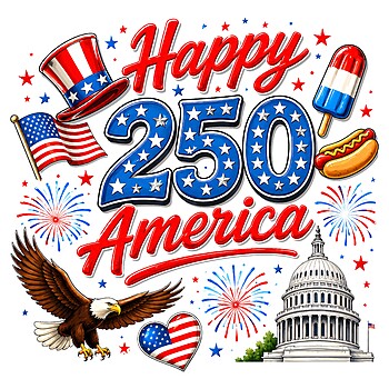 A vibrant vintage illustration of summer fireworks, an eagle, and the Capitol celebrating with the happy 250 america png design.