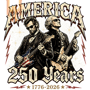 An epic heavy metal presidents png featuring George Washington and Abraham Lincoln playing electric guitars for the 2026 semiquincentennial.