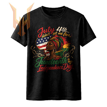 A vintage distressed illustration featuring a Black woman in a headwrap, shattered chains, and the powerful quote july 4th didnt set me free png against a flag-patterned Africa map