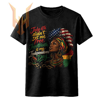A stunning vintage illustration of a Black woman with an afro blending the American and Pan-African flags, alongside the quote july 4th didnt set me free png and broken chains