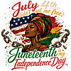 A vintage distressed illustration featuring a Black woman in a headwrap, shattered chains, and the powerful quote july 4th didnt set me free png against a flag-patterned Africa map