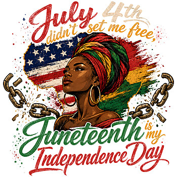 A vintage distressed illustration featuring a Black woman in a headwrap, shattered chains, and the powerful quote july 4th didnt set me free png against a flag-patterned Africa map