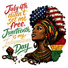 A stunning vintage illustration of a Black woman with an afro blending the American and Pan-African flags, alongside the quote july 4th didnt set me free png and broken chains