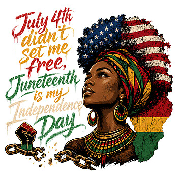 A stunning vintage illustration of a Black woman with an afro blending the American and Pan-African flags, alongside the quote july 4th didnt set me free png and broken chains
