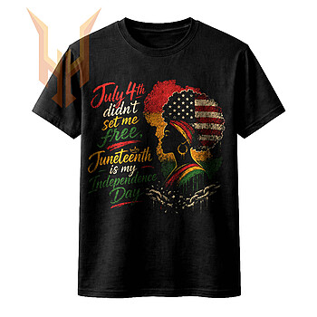 A vintage distressed graphic showing a Black woman's profile, a Pan-African map, broken chains, and the quote july 4th didnt set me free silhouette png