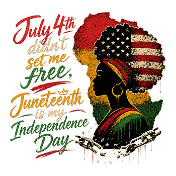 A vintage distressed graphic showing a Black woman's profile, a Pan-African map, broken chains, and the quote july 4th didnt set me free silhouette png
