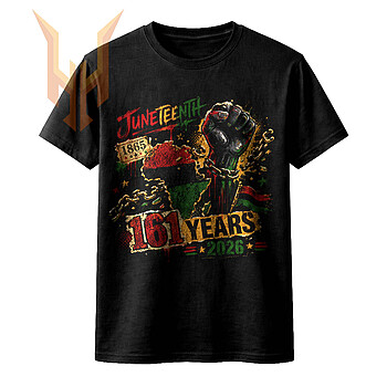 A powerful grunge design featuring a raised fist breaking chains, an Africa map, and the juneteenth 161 years fist png graphic celebrating 1865 to 2026