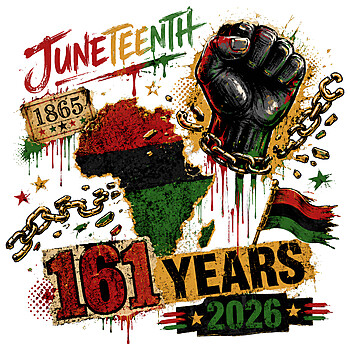 A powerful grunge design featuring a raised fist breaking chains, an Africa map, and the juneteenth 161 years fist png graphic celebrating 1865 to 2026