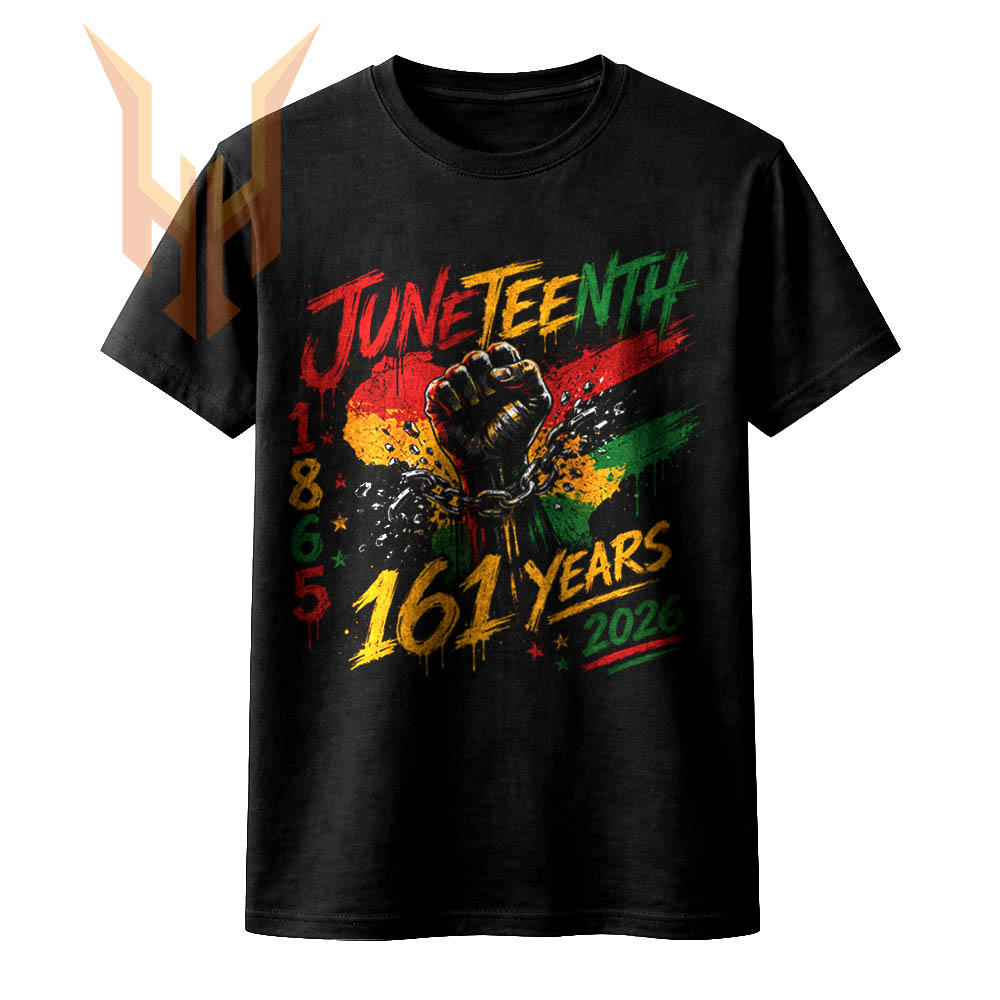 A dynamic urban grunge design featuring a raised fist breaking chains against an Africa map, celebrating freedom with the juneteenth 161 years png graphic