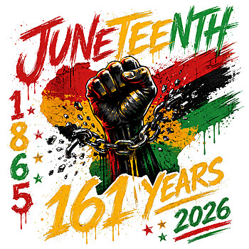 A dynamic urban grunge design featuring a raised fist breaking chains against an Africa map, celebrating freedom with the juneteenth 161 years png graphic.