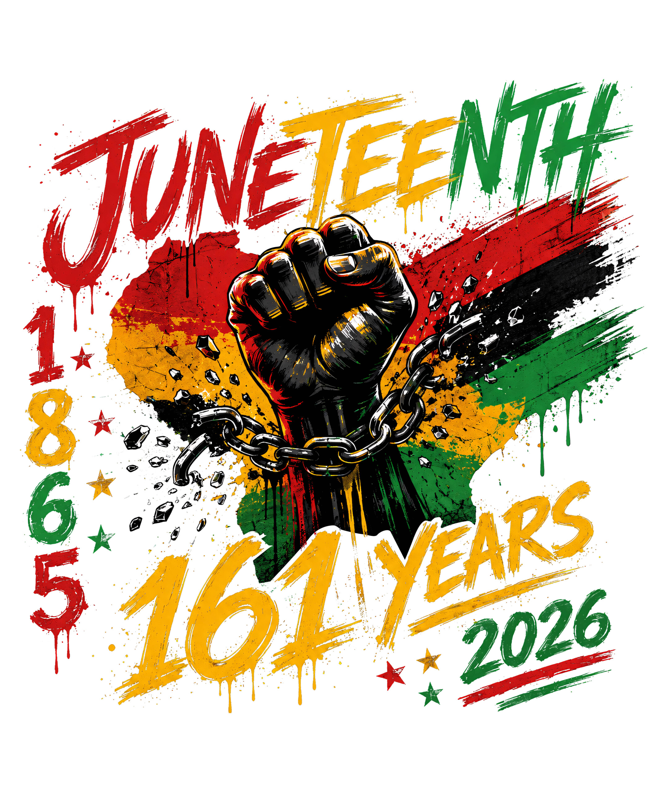 A dynamic urban grunge design featuring a raised fist breaking chains against an Africa map, celebrating freedom with the juneteenth 161 years png graphic.