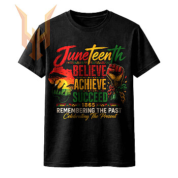 A powerful vintage distressed typography design featuring a raised fist breaking chains, an African sunrise landscape, and the phrase juneteenth believe achieve succeed png in vibrant Pan-African colors.
