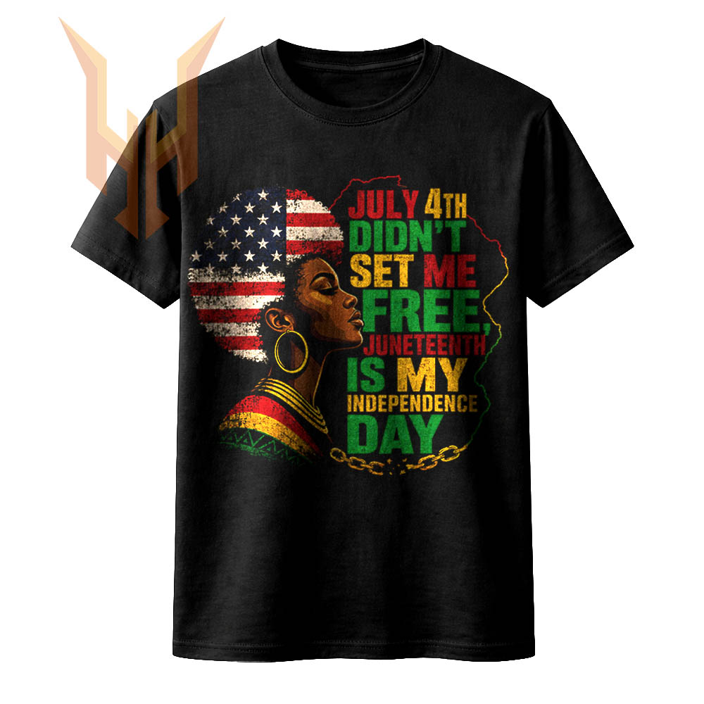 A powerful vintage design featuring a Black woman with an American flag afro and the quote juneteenth is my independence day png alongside shattered chains.