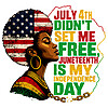 A powerful vintage design featuring a Black woman with an American flag afro and the quote juneteenth is my independence day png alongside shattered chains.