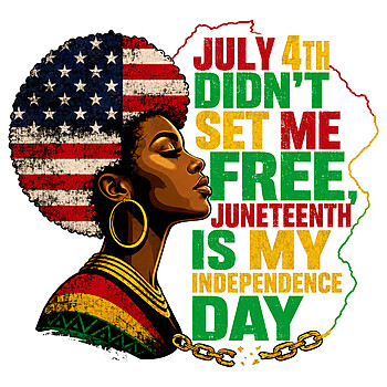 A powerful vintage design featuring a Black woman with an American flag afro and the quote juneteenth is my independence day png alongside shattered chains.