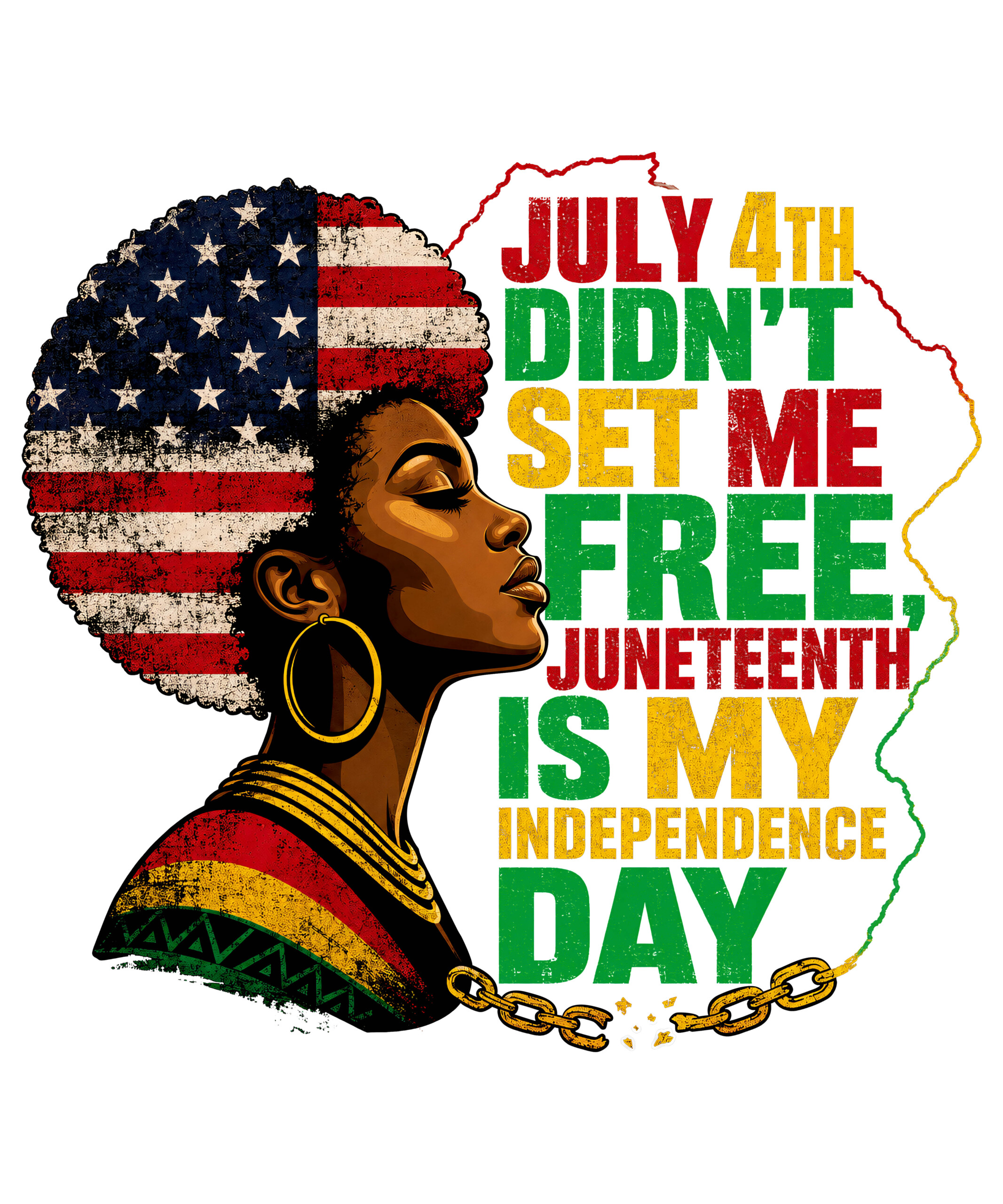 A powerful vintage design featuring a Black woman with an American flag afro and the quote juneteenth is my independence day png alongside shattered chains.