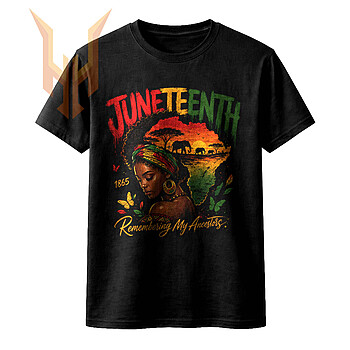 A stunning vintage afrocentric illustration featuring a Black woman with an African continent afro and the phrase juneteenth remembering my ancestors png in distressed text.
