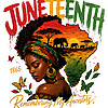 A stunning vintage afrocentric illustration featuring a Black woman with an African continent afro and the phrase juneteenth remembering my ancestors png in distressed text.