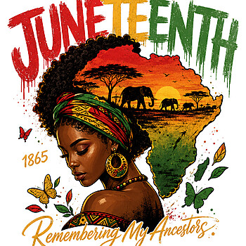 A stunning vintage afrocentric illustration featuring a Black woman with an African continent afro and the phrase juneteenth remembering my ancestors png in distressed text.