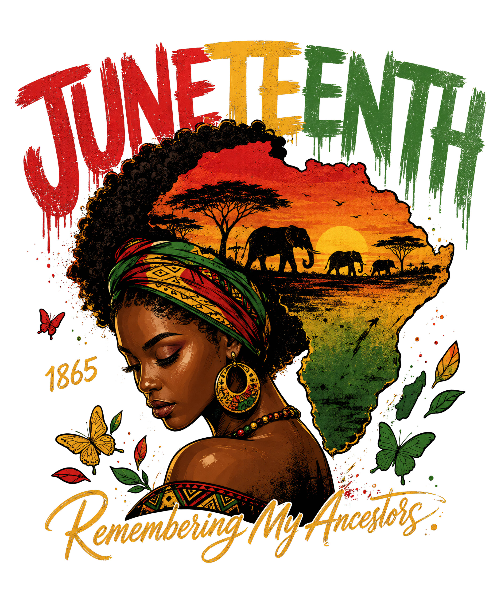 A stunning vintage afrocentric illustration featuring a Black woman with an African continent afro and the phrase juneteenth remembering my ancestors png in distressed text.