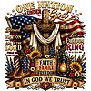 A rustic wooden cross with an antique lantern and patriotic footwear in this one nation under god boots png design.