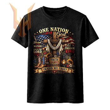 A rustic wooden cross with an antique lantern and patriotic footwear in this one nation under god boots png design.