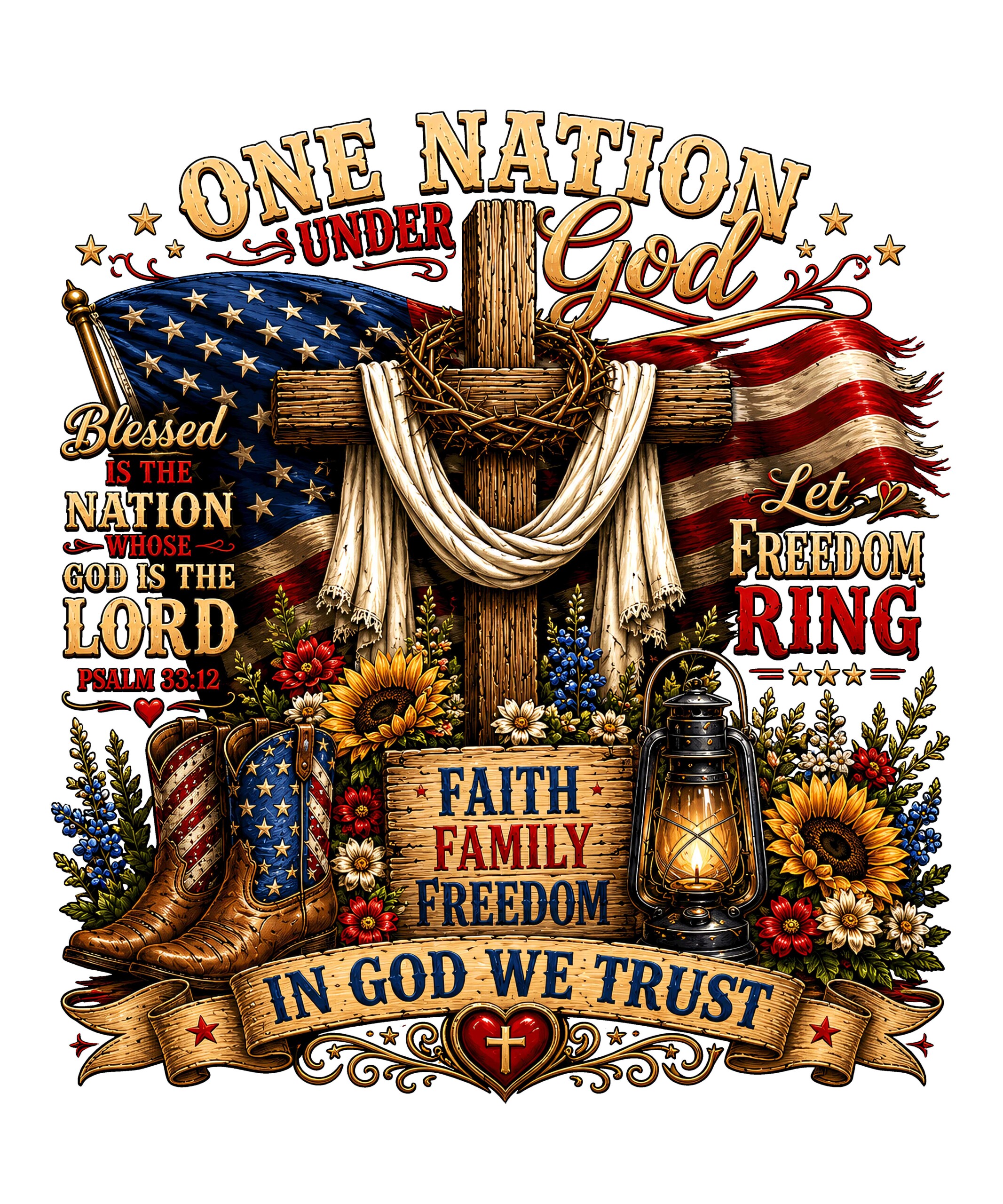 A rustic wooden cross with an antique lantern and patriotic footwear in this one nation under god boots png design.
