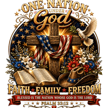 A rustic wooden cross draped with an American flag next to a Bible and cowboy hat in this one nation under god cross png design.