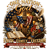 A rustic wooden cross draped with an American flag next to a Bible and cowboy hat in this one nation under god cross png design.