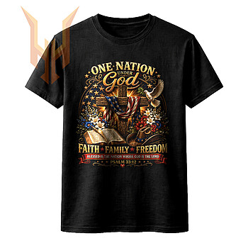 A rustic wooden cross draped with an American flag next to a Bible and cowboy hat in this one nation under god cross png design.