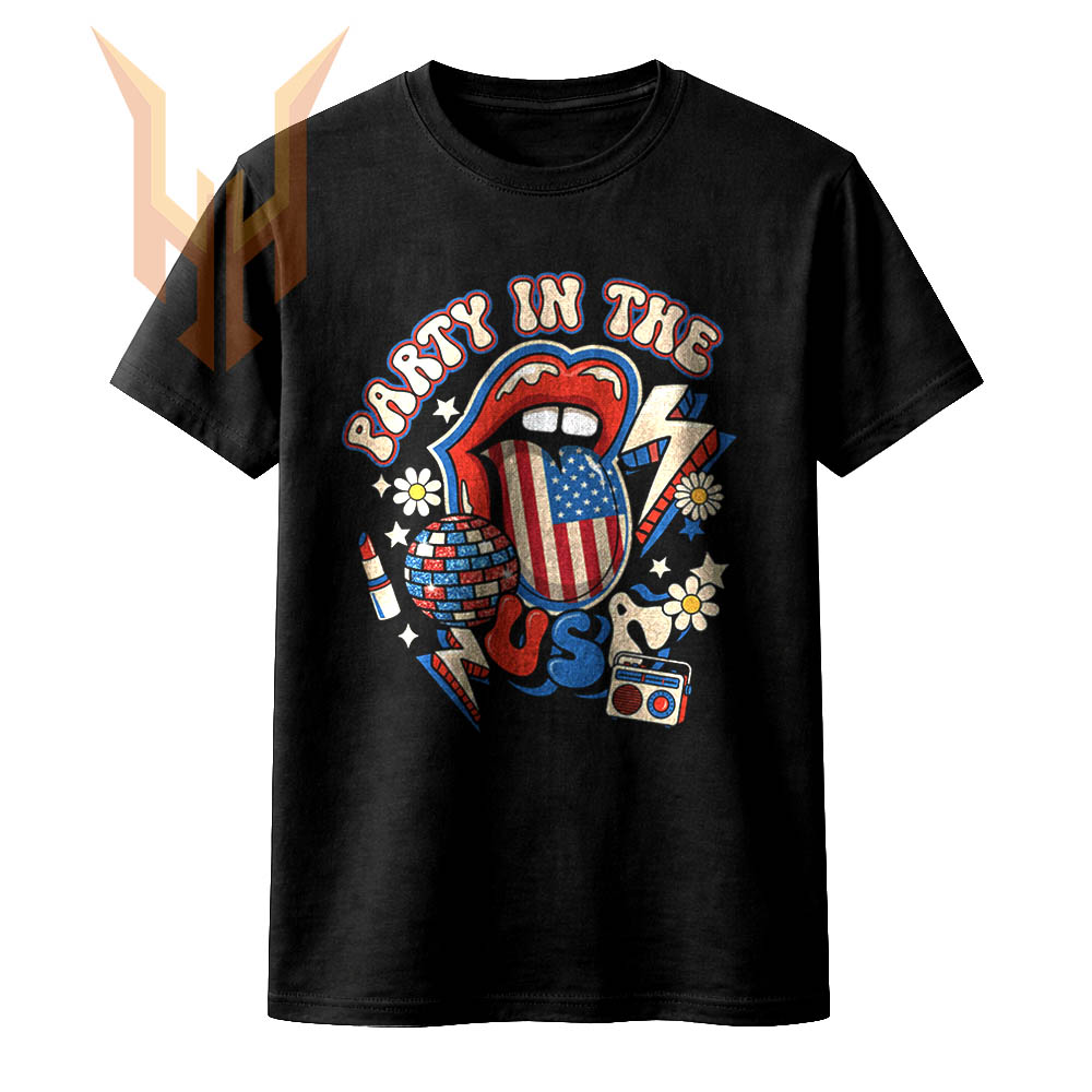 A retro rock and roll design featuring an American flag tongue and disco elements, representing the ultimate party in the usa lips png.