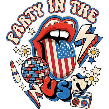 A retro rock and roll design featuring an American flag tongue and disco elements, representing the ultimate party in the usa lips png.