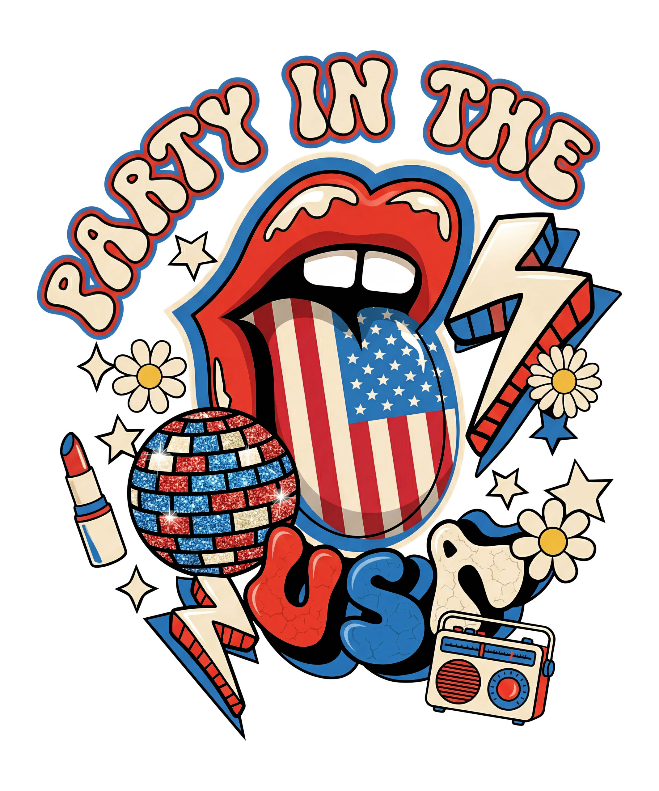 A retro rock and roll design featuring an American flag tongue and disco elements, representing the ultimate party in the usa lips png.