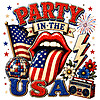 A distressed vintage rock style party in the usa png featuring American flag lips, a retro boombox, fireworks, and a disco ball on a dark background