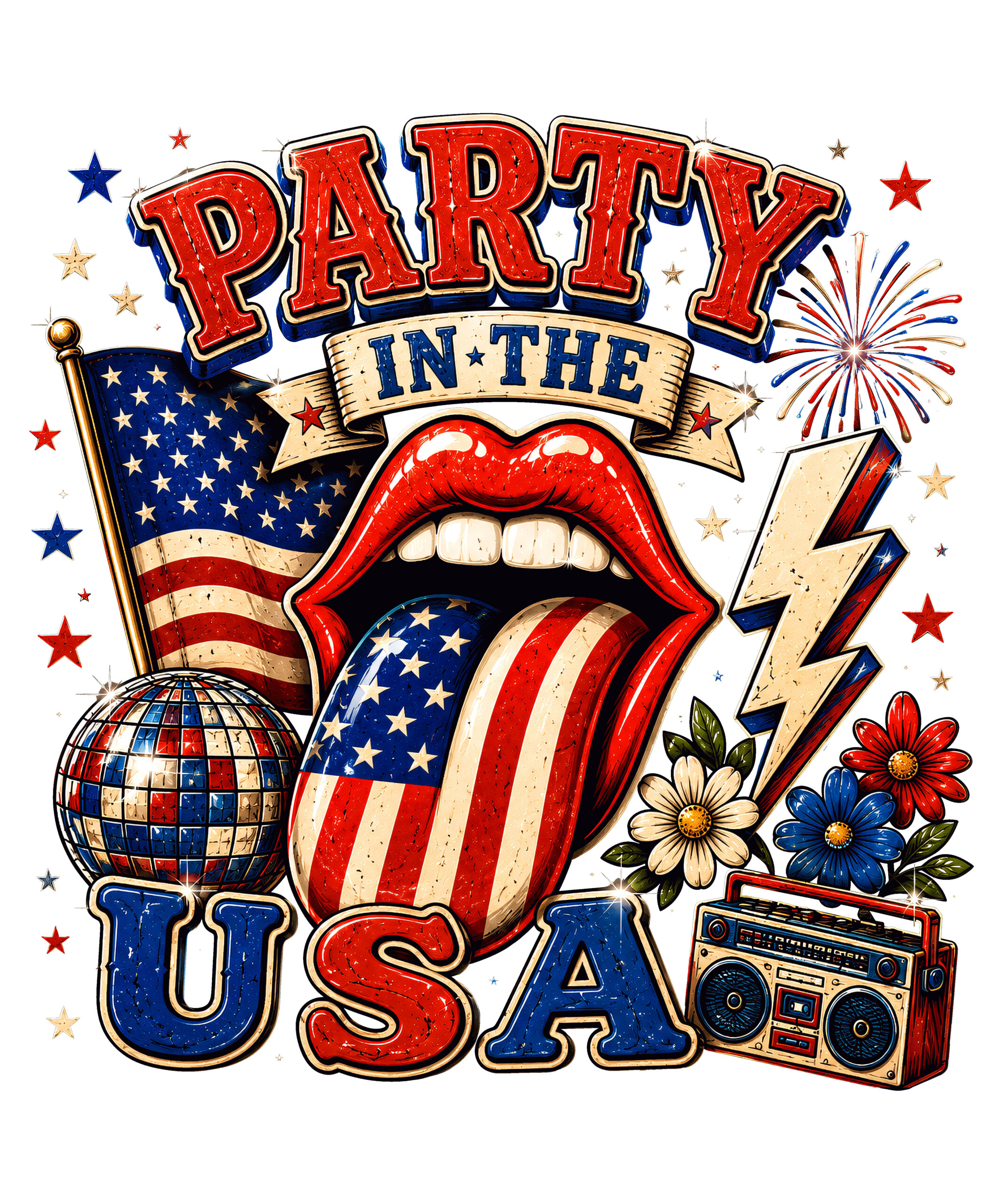 A distressed vintage rock style party in the usa png featuring American flag lips, a retro boombox, fireworks, and a disco ball on a dark background
