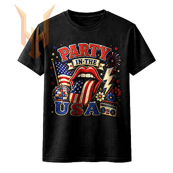 A distressed vintage rock style party in the usa png featuring American flag lips, a retro boombox, fireworks, and a disco ball on a dark background