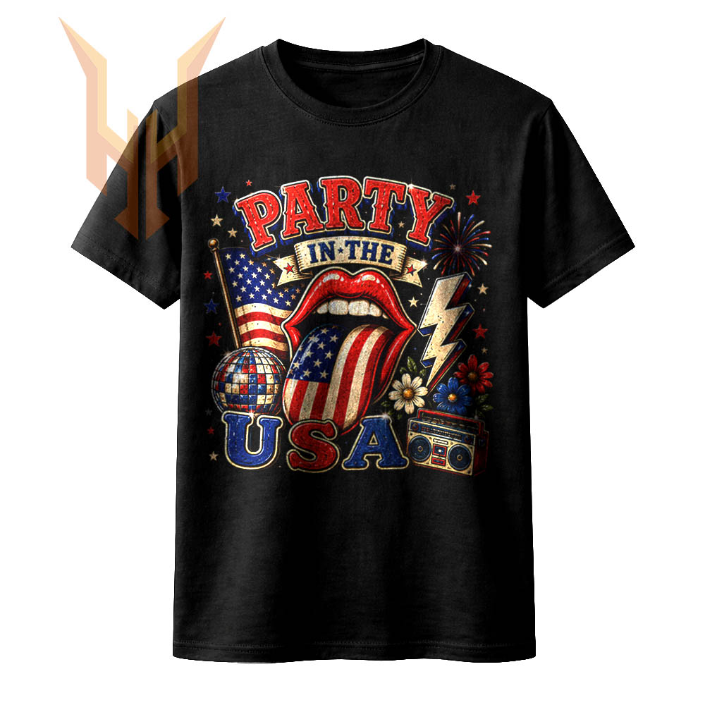 A distressed vintage rock style party in the usa png featuring American flag lips, a retro boombox, fireworks, and a disco ball on a dark background