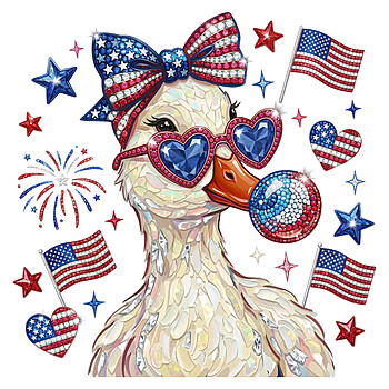 A glamorous faux diamond painting illustration of a sassy bird blowing a bubble, representing the ultimate patriotic bling goose png.