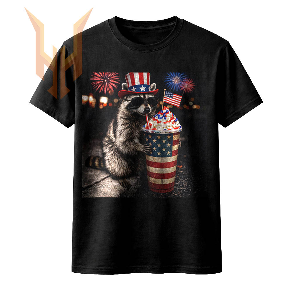 A hyper-realistic graphic of a cool raccoon wearing an Uncle Sam hat and sipping an American flag drink under fireworks, highlighting the patriotic raccoon 4th of july png design.