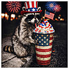 A hyper-realistic graphic of a cool raccoon wearing an Uncle Sam hat and sipping an American flag drink under fireworks, highlighting the patriotic raccoon 4th of july png design.