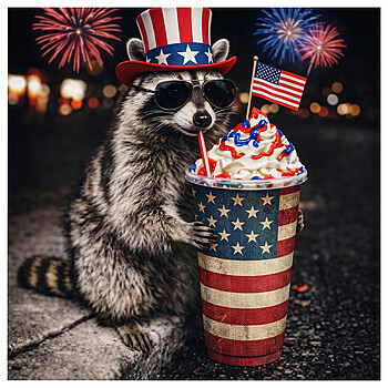 A hyper-realistic graphic of a cool raccoon wearing an Uncle Sam hat and sipping an American flag drink under fireworks, highlighting the patriotic raccoon 4th of july png design.