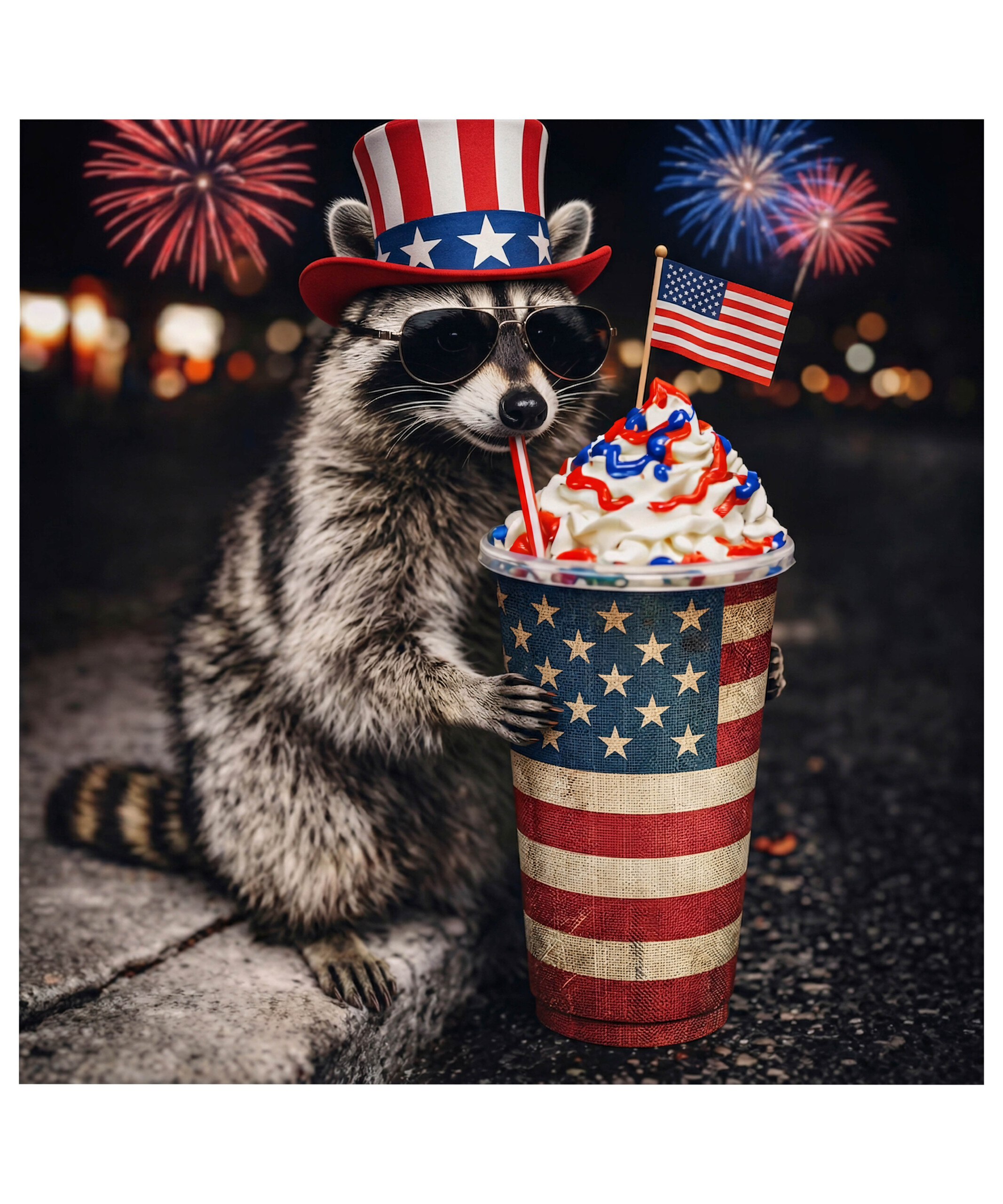 A hyper-realistic graphic of a cool raccoon wearing an Uncle Sam hat and sipping an American flag drink under fireworks, highlighting the patriotic raccoon 4th of july png design.