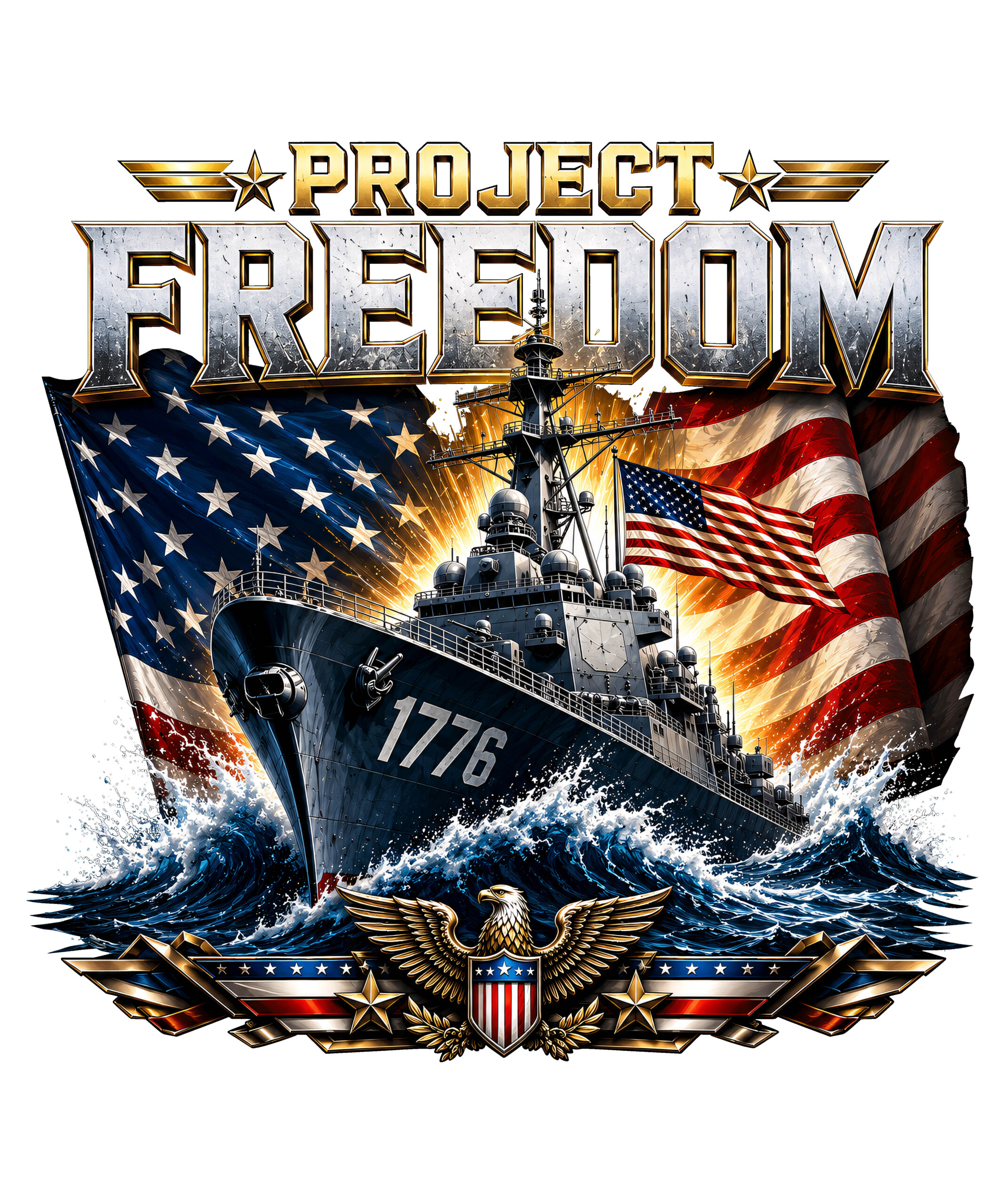 A cinematic and highly detailed project freedom 1776 ship png featuring a powerful naval destroyer, soaring bald eagle, and distressed American flag.