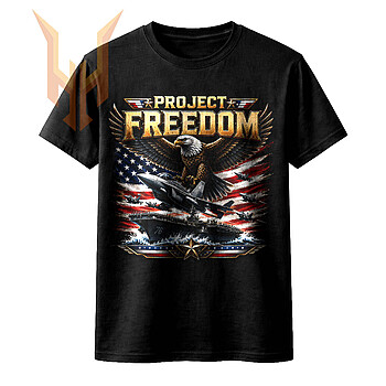 A cinematic and highly detailed project freedom eagle png featuring a majestic bald eagle, fighter jets, an aircraft carrier, and a distressed American flag.