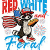 A funny vintage illustration of a raccoon wearing crocs and holding a hot dog, highlighting the red white and feral png design.