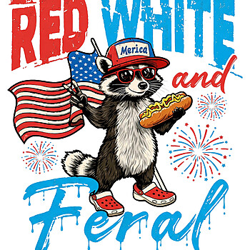 A funny vintage illustration of a raccoon wearing crocs and holding a hot dog, highlighting the red white and feral png design.