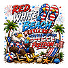 A vibrant summer illustration of a bald eagle chilling on the sand, representing the ultimate red white beach life png.