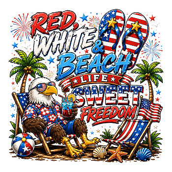 A vibrant summer illustration of a bald eagle chilling on the sand, representing the ultimate red white beach life png.