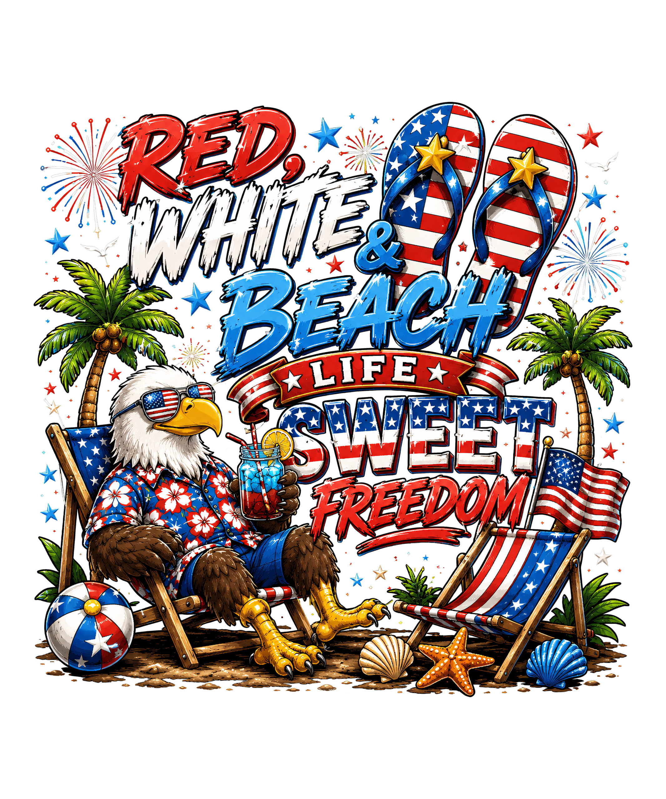 A vibrant summer illustration of a bald eagle chilling on the sand, representing the ultimate red white beach life png.